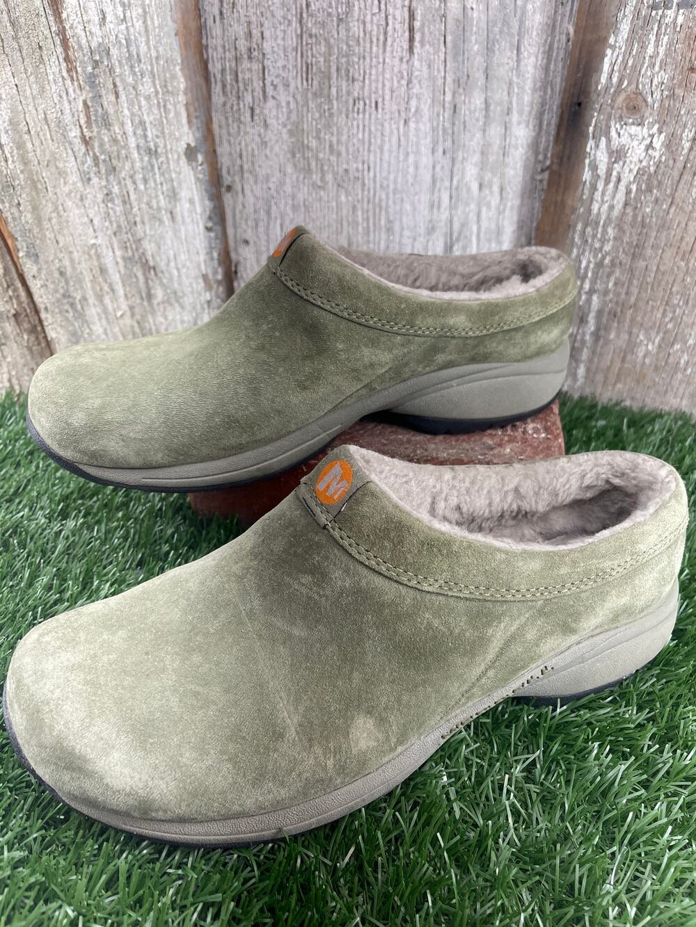 Merrell Primo Chill Suede Clogs Light Green Suede Faux Fur Lined Women's 11